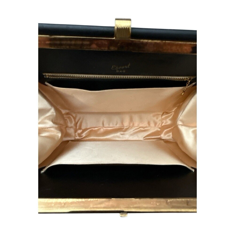 Vintage 1950s Escort Bag Black Leather Frame Handbag Mirror Coin Purse MCM - Picture 10 of 14
